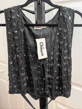 NWT Vintage Channa Black Silk Beaded Sequin Vest Adjustable Back